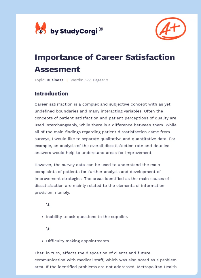 Importance of Career Satisfaction Assesment. Page 1