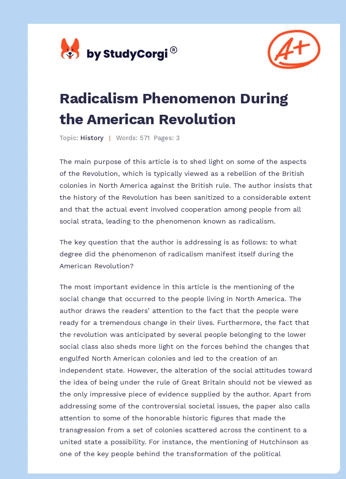 Radicalism Phenomenon During the American Revolution. Page 1