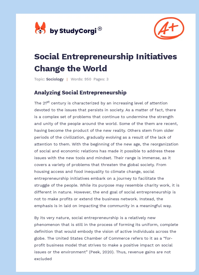 Social Entrepreneurship Initiatives Change the World. Page 1