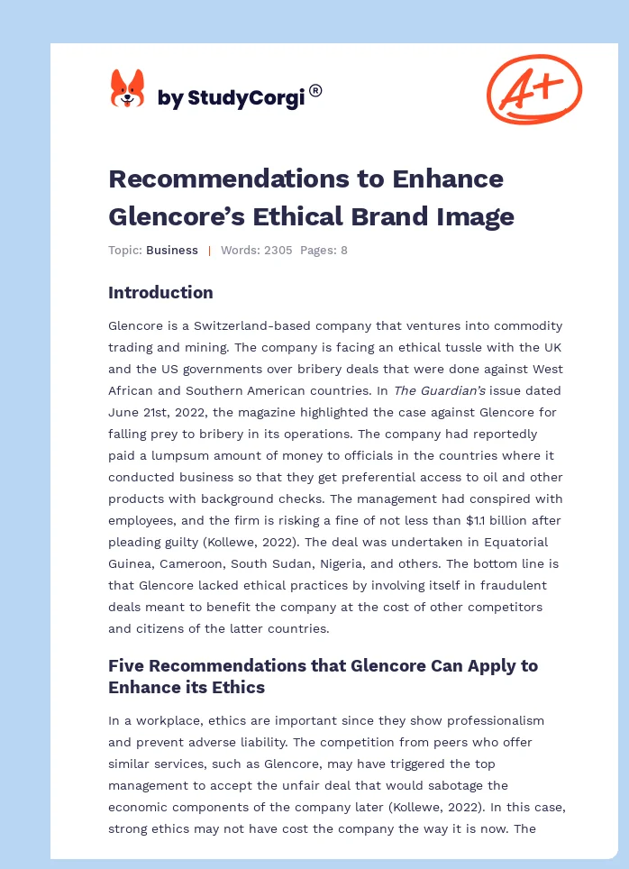 Recommendations to Enhance Glencore’s Ethical Brand Image. Page 1