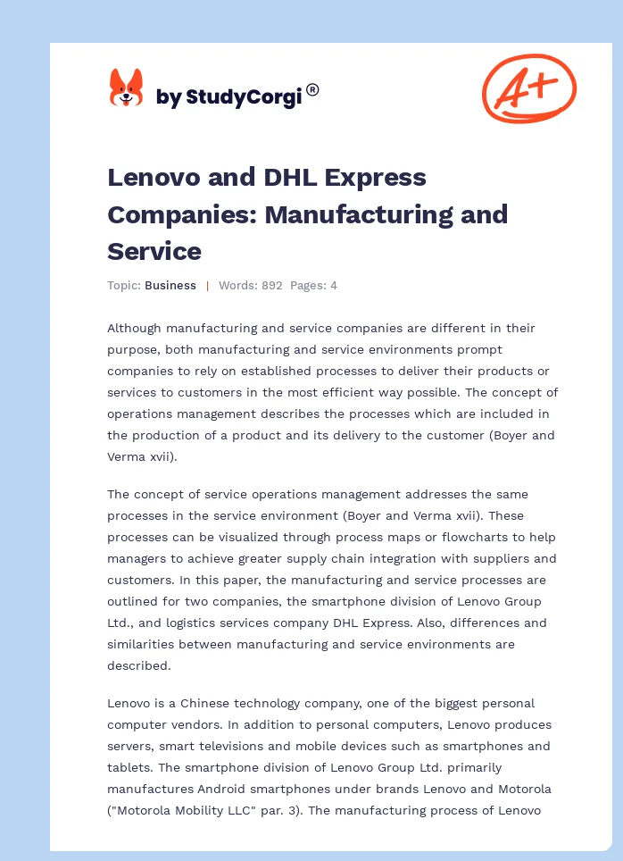 Lenovo and DHL Express Companies: Manufacturing and Service. Page 1
