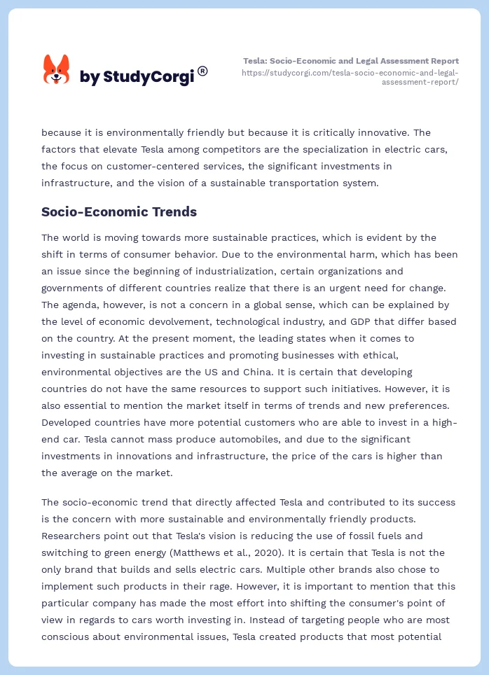 Tesla: Socio-Economic and Legal Assessment Report. Page 2