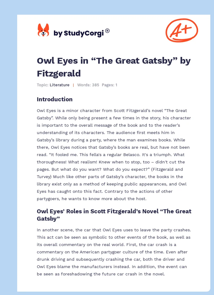 Owl Eyes in “The Great Gatsby” by Fitzgerald. Page 1