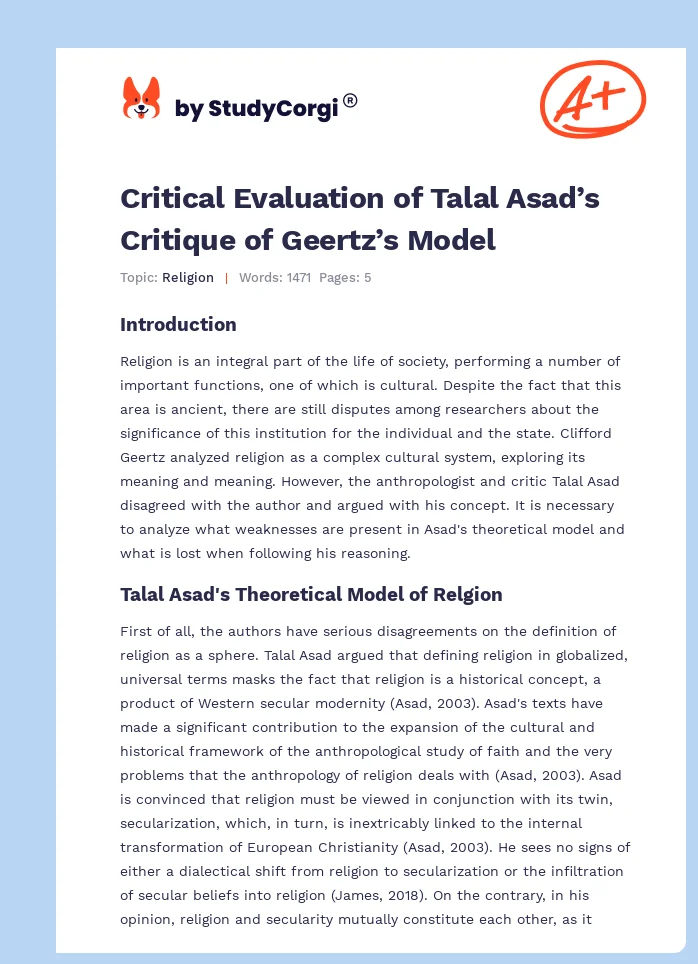 Critical Evaluation of Talal Asad’s Critique of Geertz’s Model. Page 1