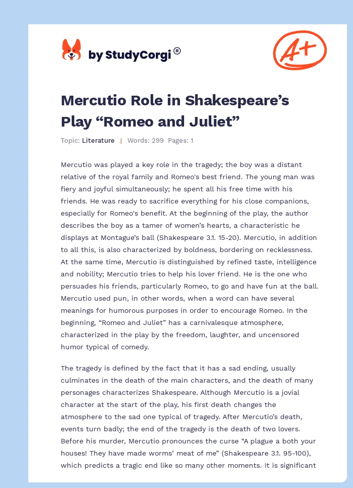 Mercutio Role in Shakespeare’s Play “Romeo and Juliet”. Page 1
