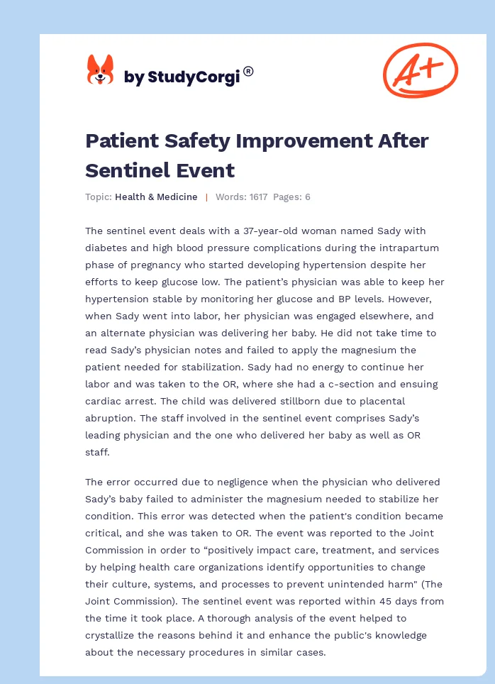 Patient Safety Improvement After Sentinel Event. Page 1