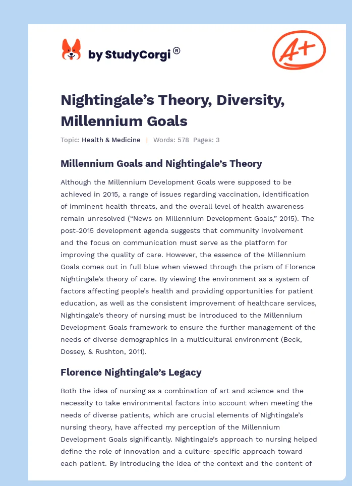 Nightingale’s Theory, Diversity, Millennium Goals. Page 1