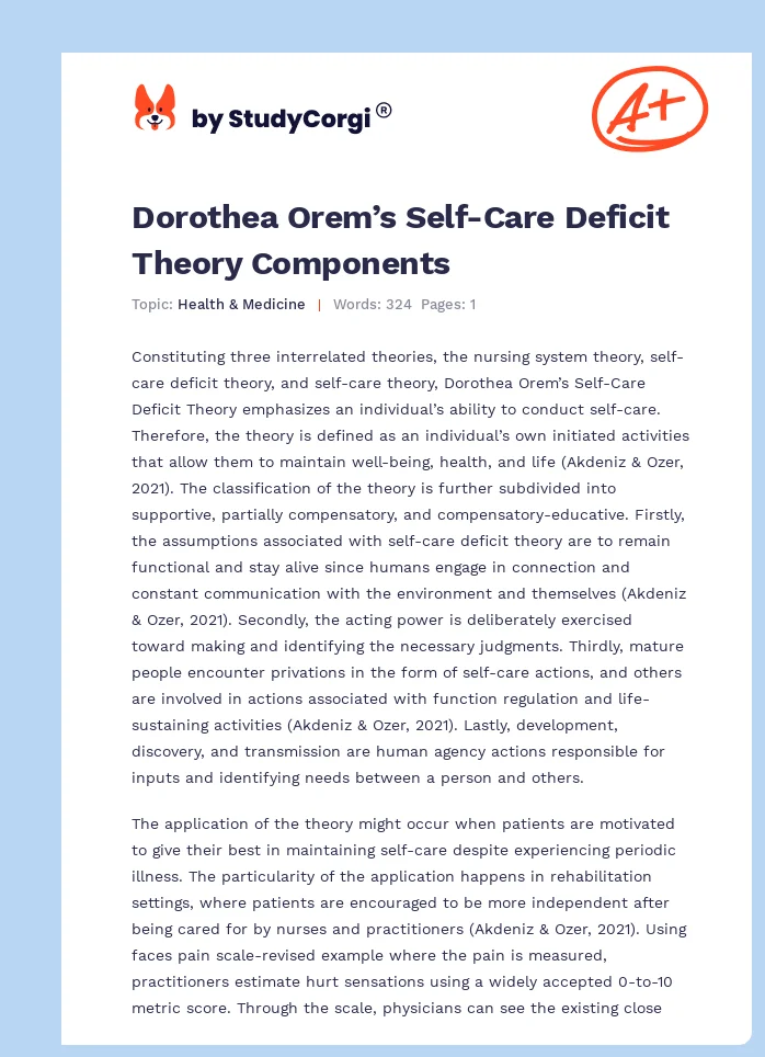 Dorothea Orem’s Self-Care Deficit Theory Components. Page 1