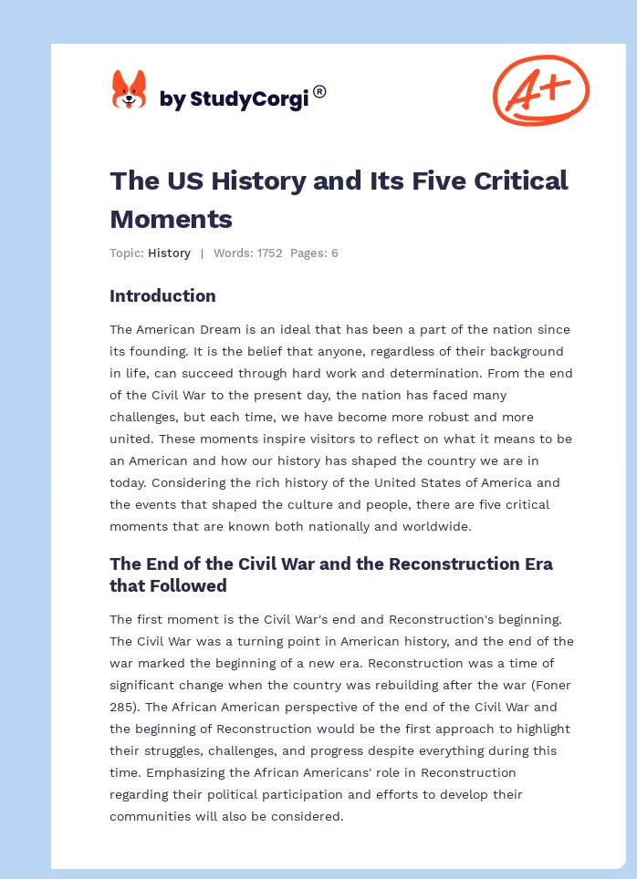 The US History and Its Five Critical Moments. Page 1