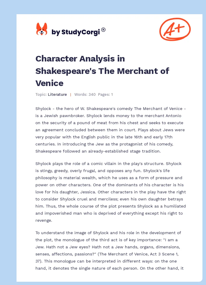 Character Analysis in Shakespeare's The Merchant of Venice. Page 1