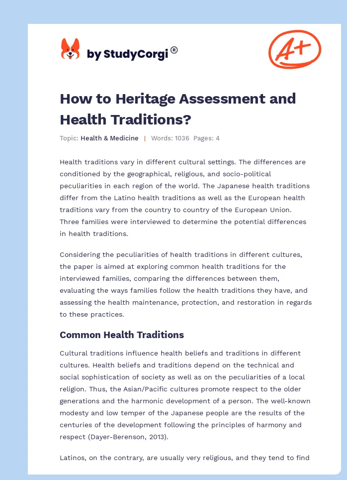 How to Heritage Assessment and Health Traditions?. Page 1