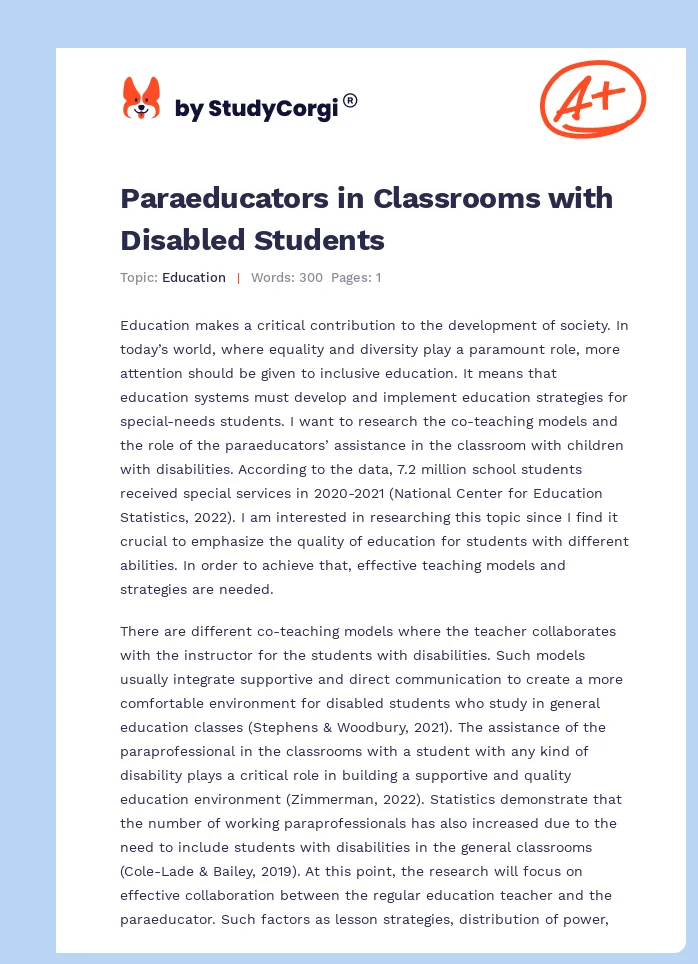 Paraeducators in Classrooms with Disabled Students. Page 1