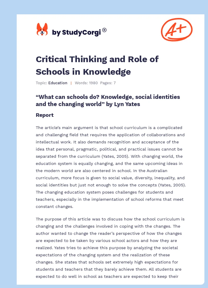 Critical Thinking and Role of Schools in Knowledge. Page 1