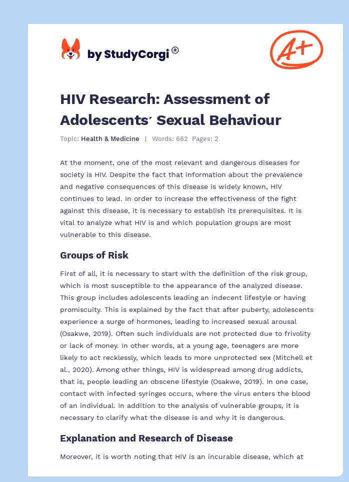 HIV Research: Assessment of Adolescents ́ Sexual Behaviour. Page 1