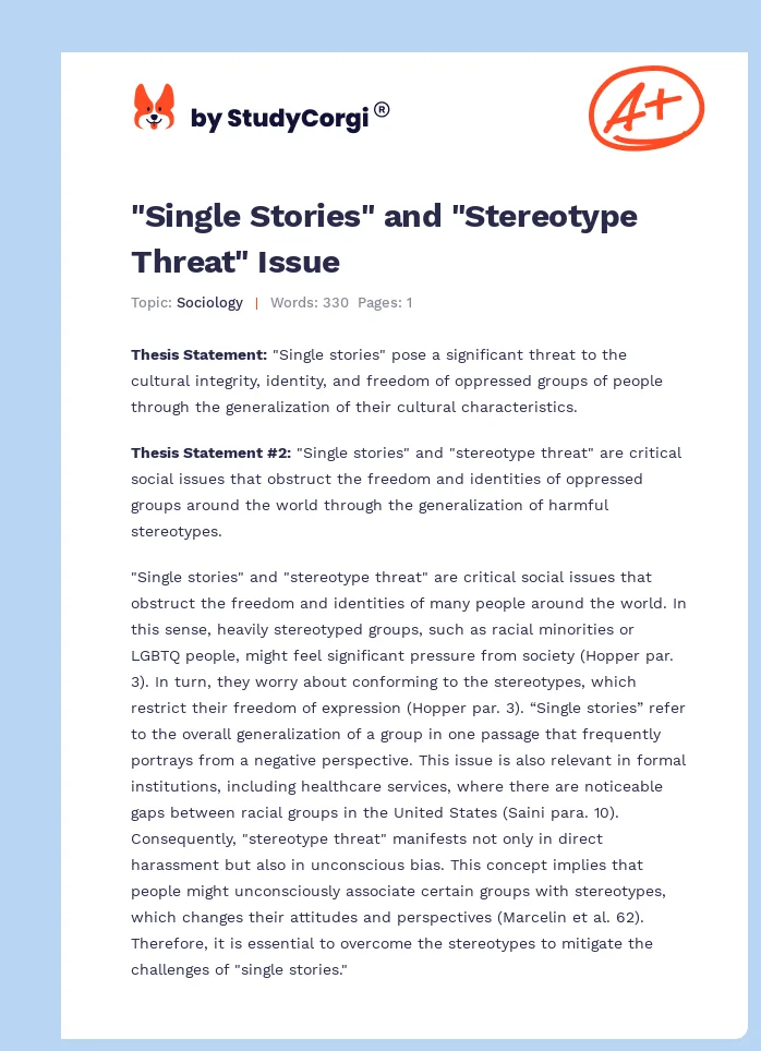 "Single Stories" and "Stereotype Threat" Issue. Page 1