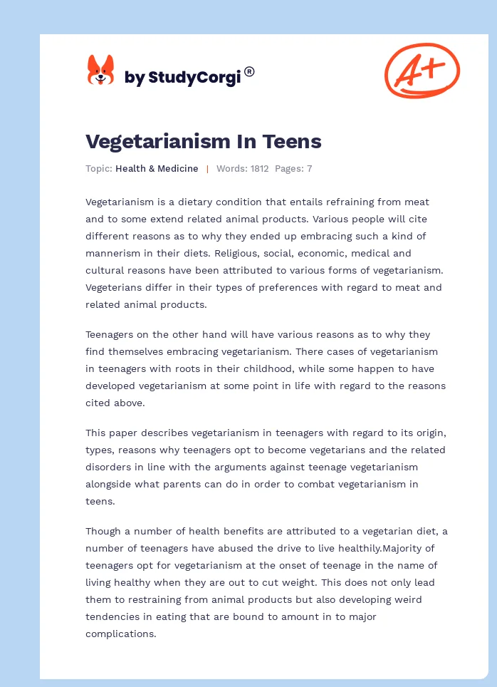 Vegetarianism In Teens. Page 1