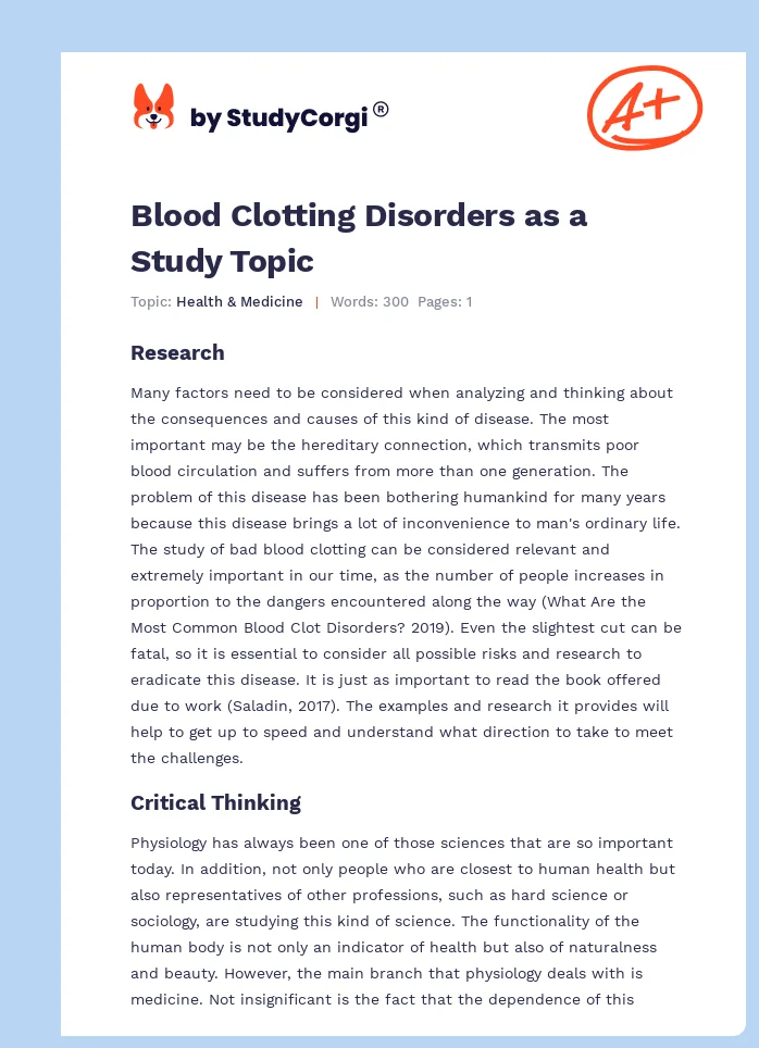 Blood Clotting Disorders as a Study Topic. Page 1