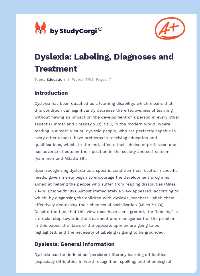 Dyslexia: Labeling, Diagnoses and Treatment. Page 1