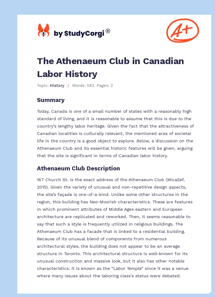 The Athenaeum Club in Canadian Labor History. Page 1