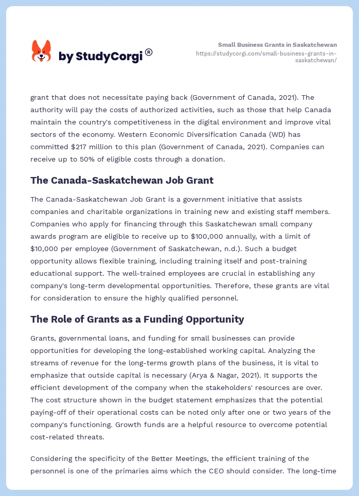 Small Business Grants in Saskatchewan. Page 2