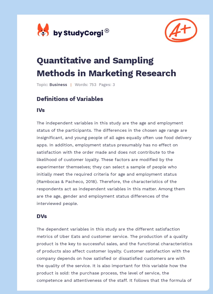 Quantitative and Sampling Methods in Marketing Research. Page 1