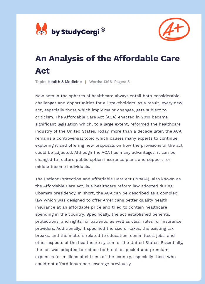 An Analysis of the Affordable Care Act. Page 1