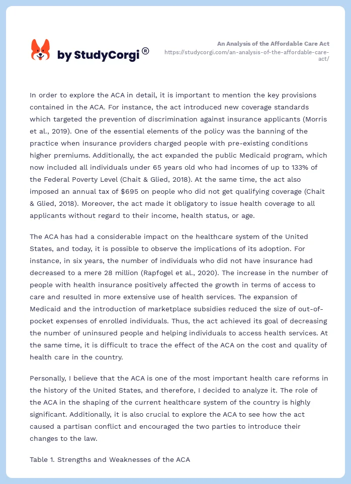An Analysis of the Affordable Care Act. Page 2