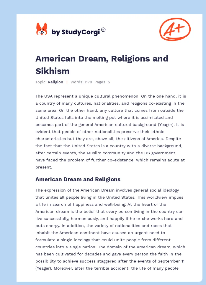 American Dream, Religions and Sikhism. Page 1