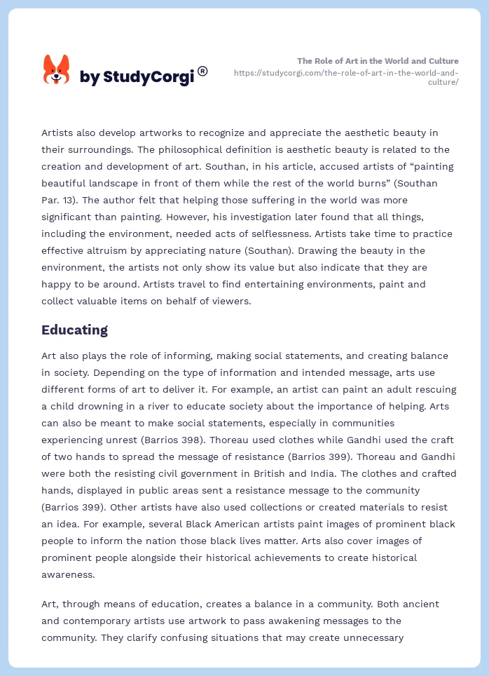 The Role of Art in the World and Culture. Page 2