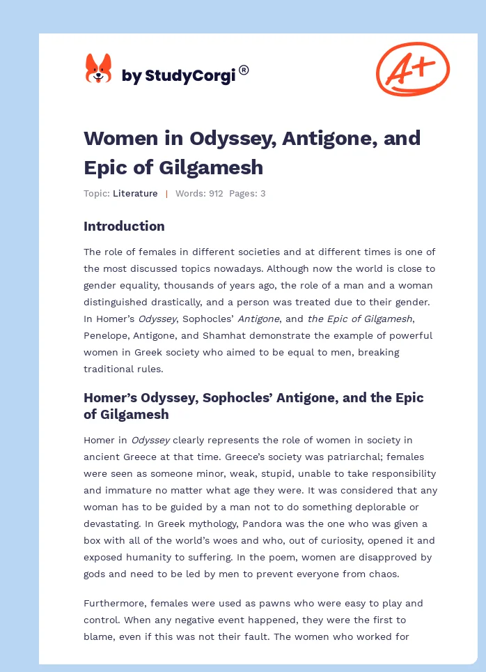 Women in Odyssey, Antigone, and Epic of Gilgamesh. Page 1