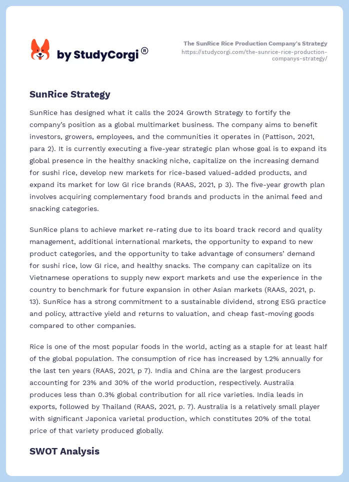 The SunRice Rice Production Company's Strategy. Page 2