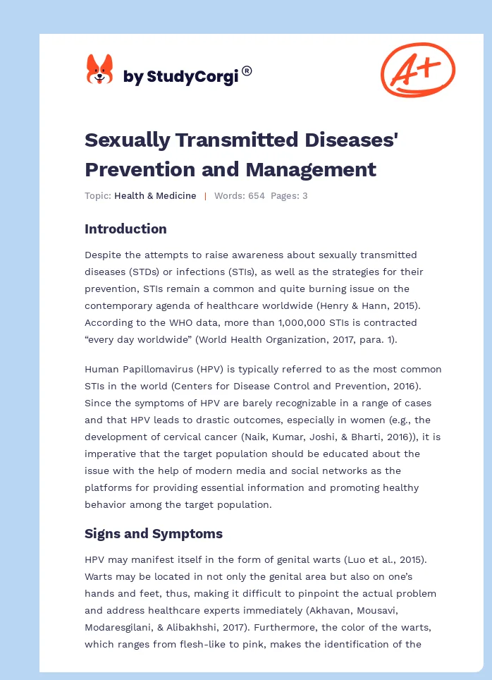 Sexually Transmitted Diseases' Prevention and Management. Page 1