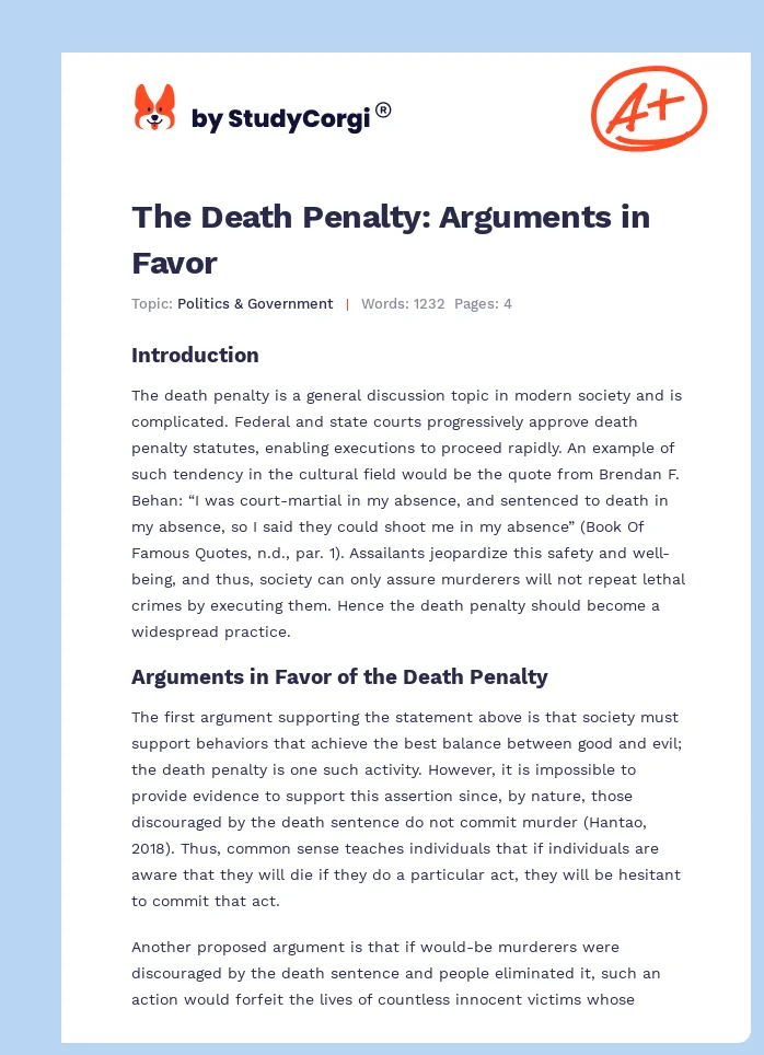 The Death Penalty: Arguments in Favor. Page 1