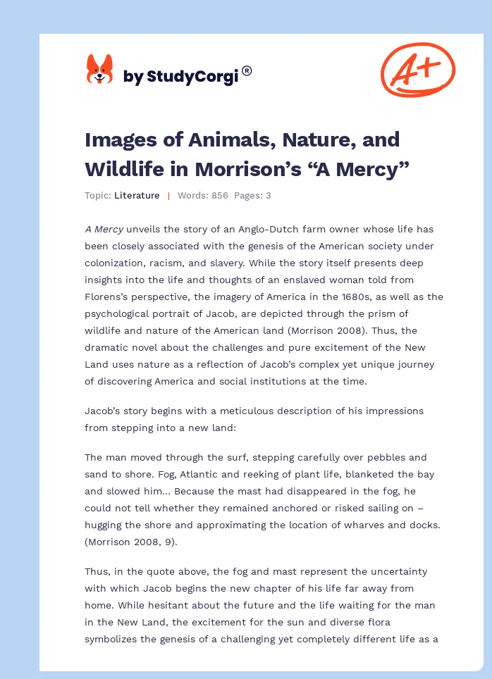 Images of Animals, Nature, and Wildlife in Morrison’s “A Mercy”. Page 1