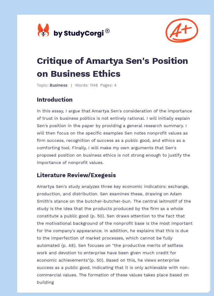Critique of Amartya Sen's Position on Business Ethics. Page 1