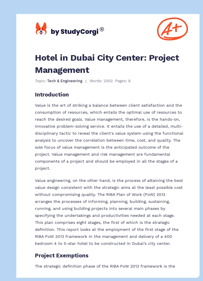 Hotel in Dubai City Center: Project Management. Page 1