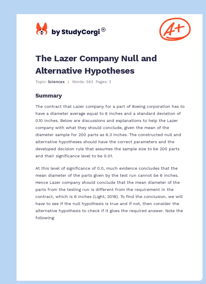 The Lazer Company Null and Alternative Hypotheses. Page 1