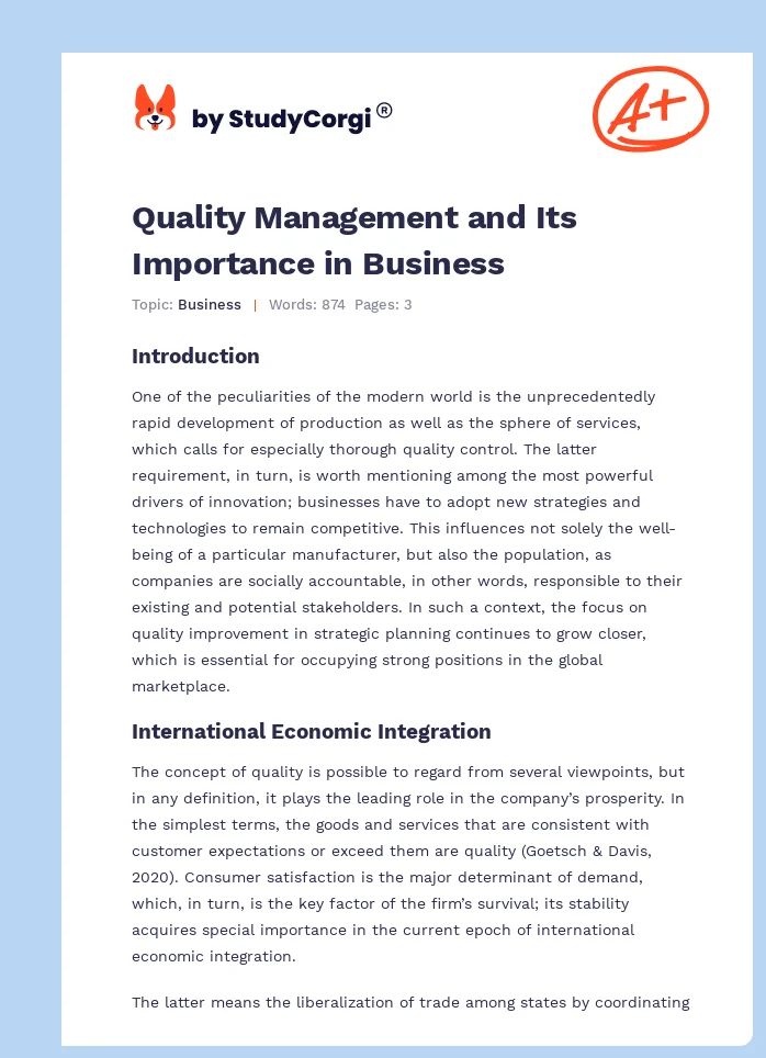 Quality Management and Its Importance in Business. Page 1