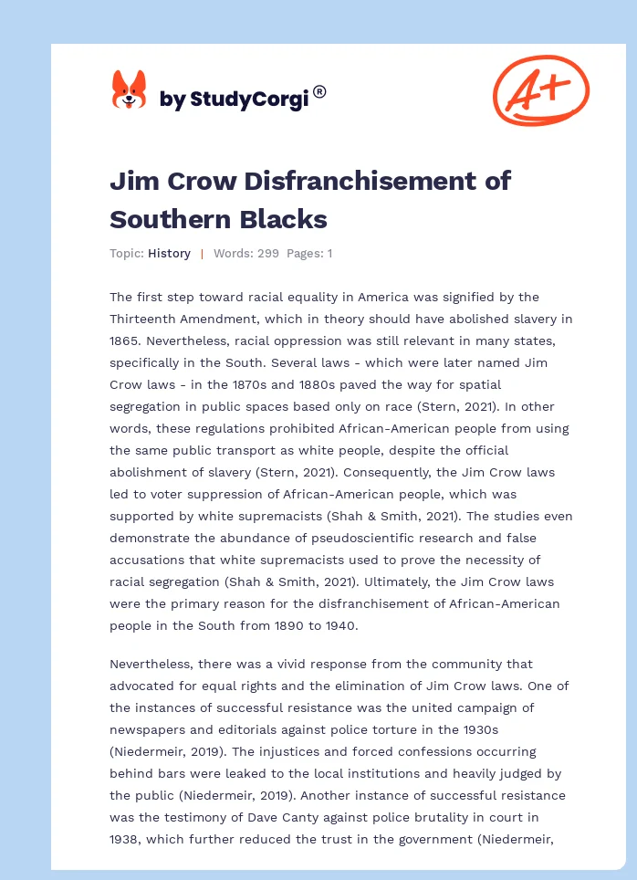 Jim Crow Disfranchisement of Southern Blacks. Page 1