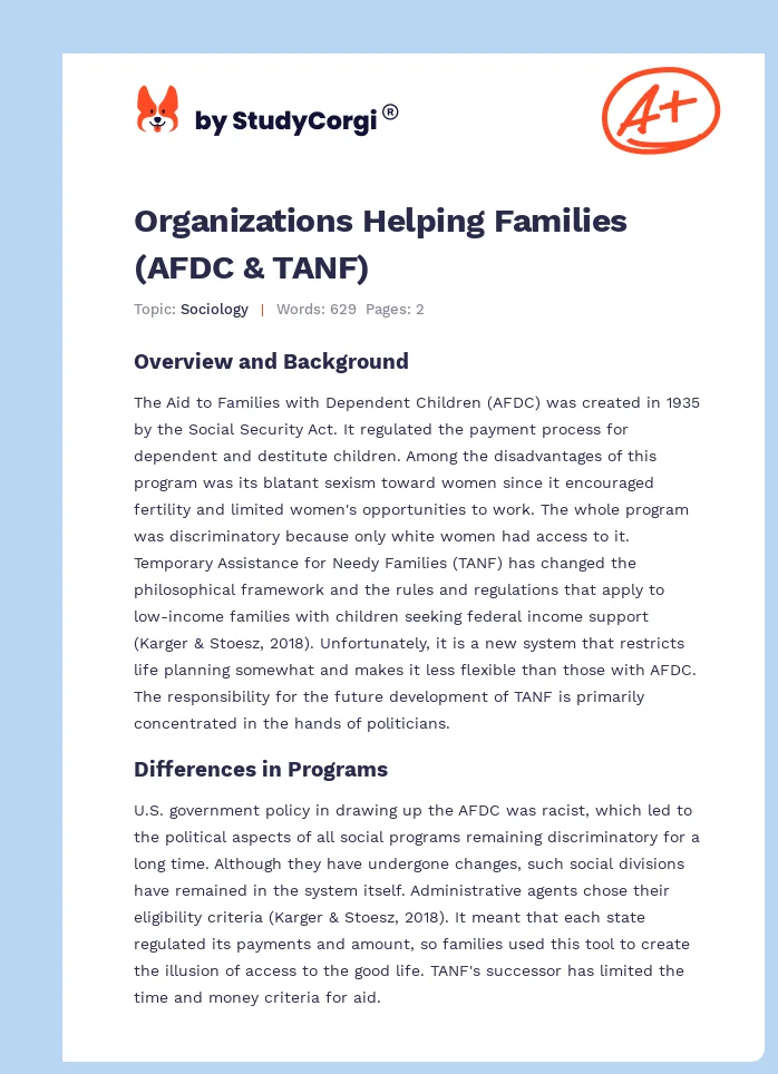 Organizations Helping Families (AFDC & TANF). Page 1