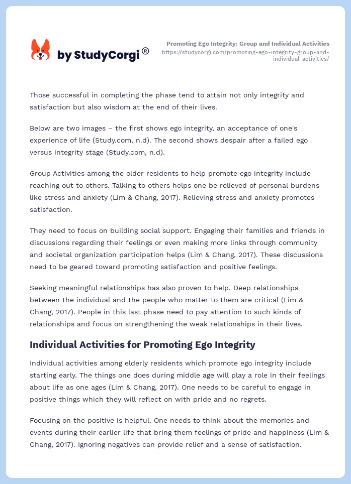 Promoting Ego Integrity: Group and Individual Activities. Page 2