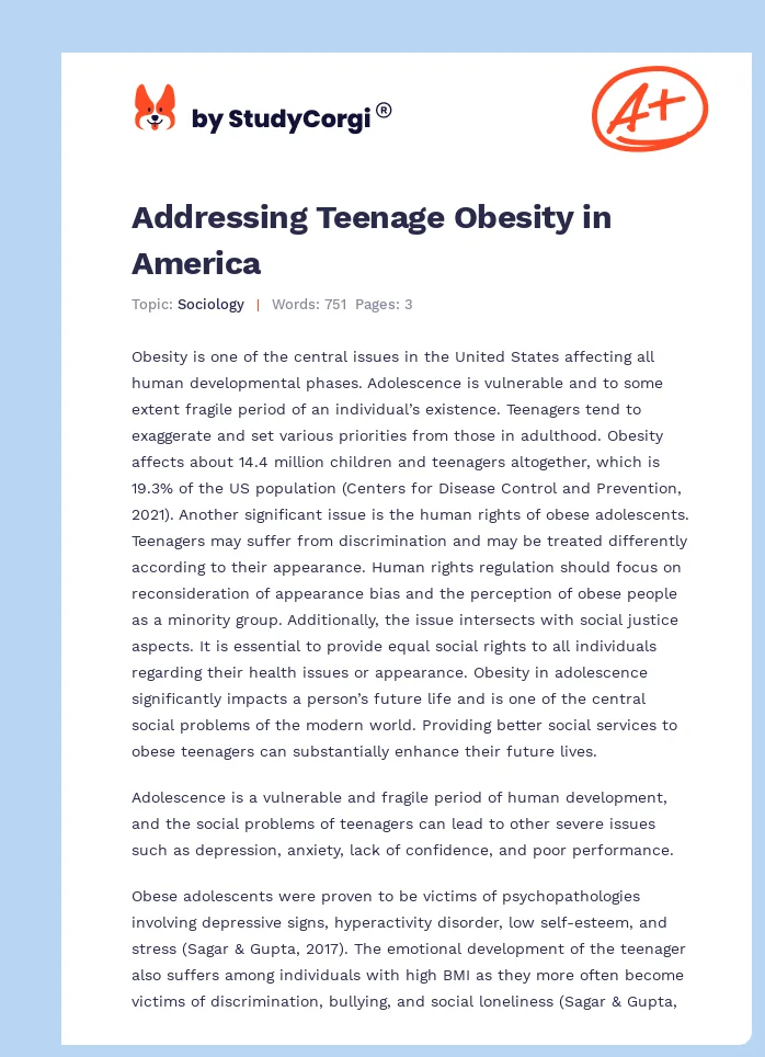 Obesity in Adolescence as a Social Problem. Page 1