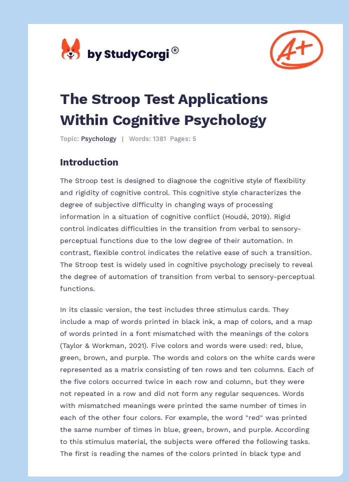 The Stroop Test Applications Within Cognitive Psychology. Page 1