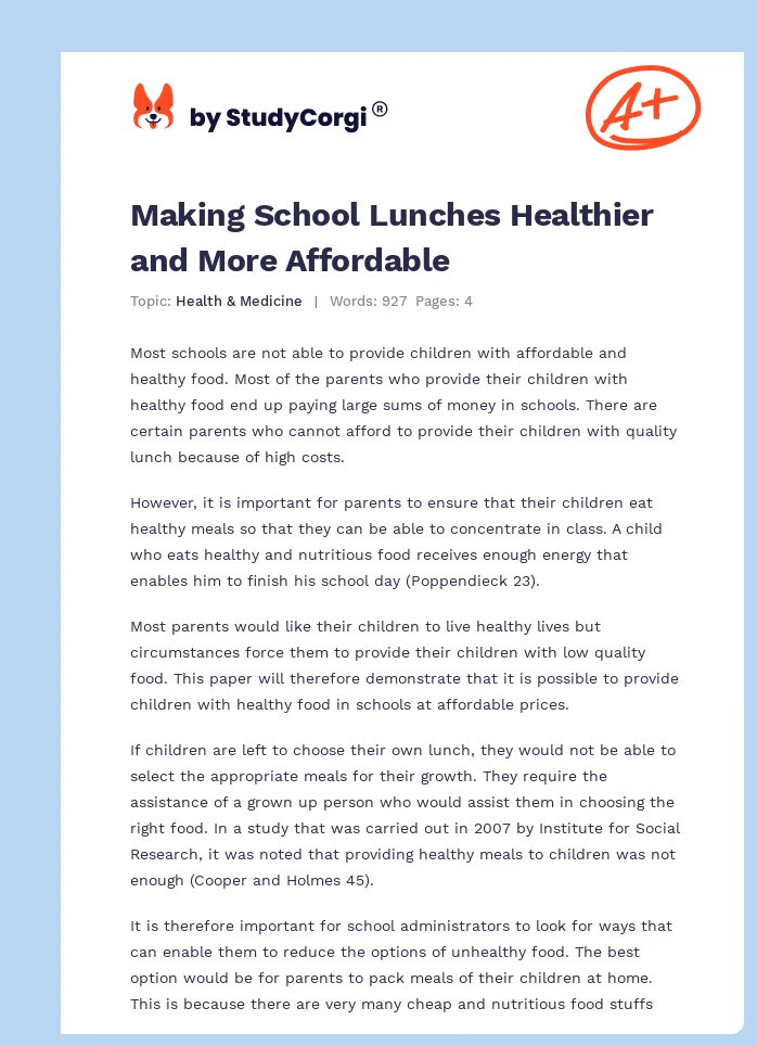 Making School Lunches Healthier and More Affordable. Page 1