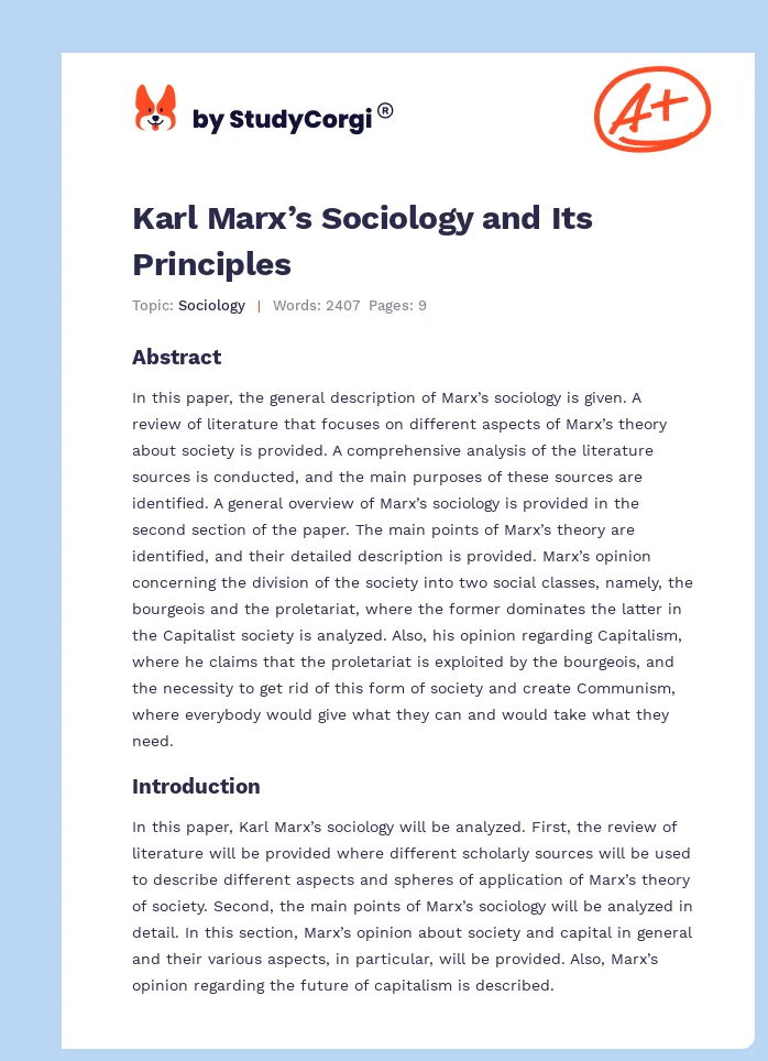 Karl Marx’s Sociology and Its Principles. Page 1