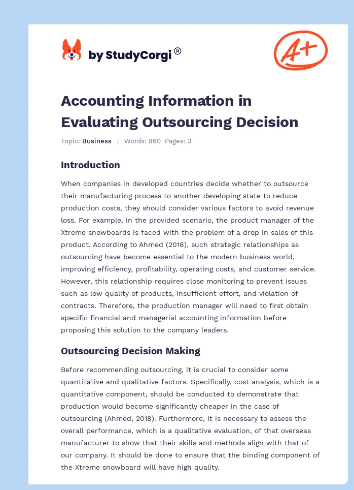 Accounting Information in Evaluating Outsourcing Decision. Page 1