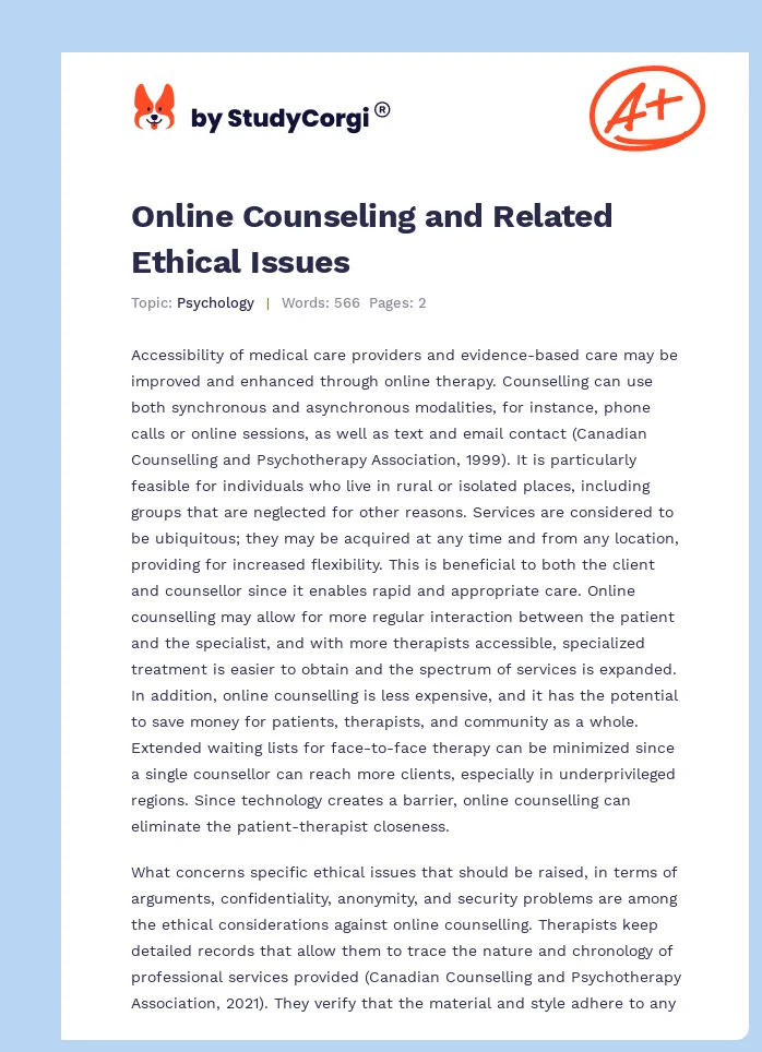 Online Counseling and Related Ethical Issues. Page 1