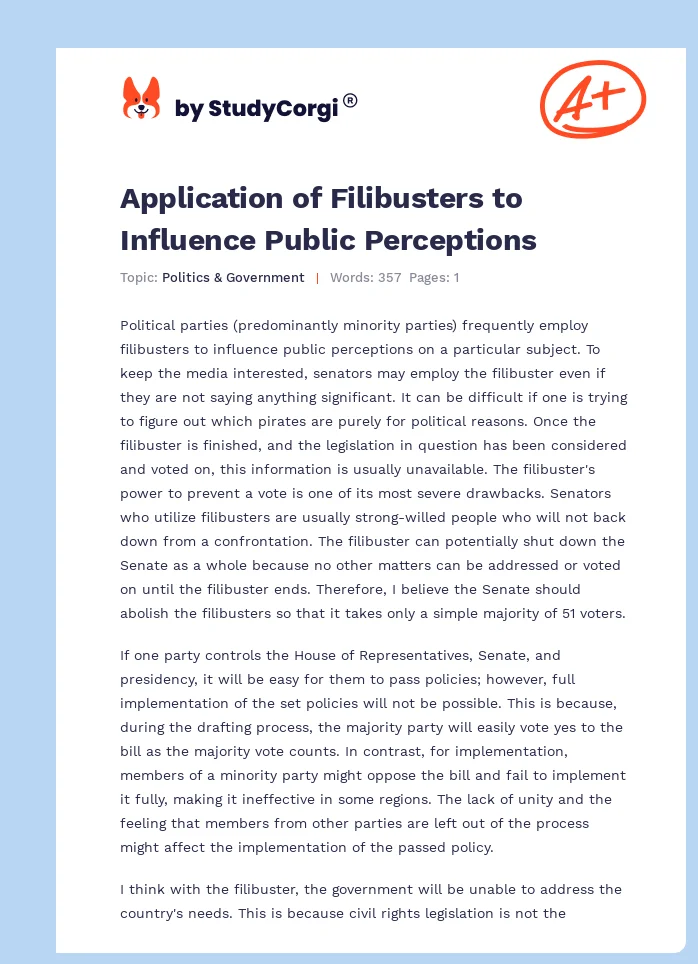 Application of Filibusters to Influence Public Perceptions. Page 1