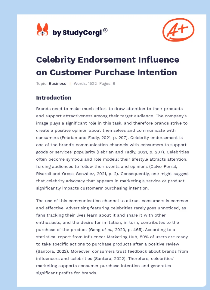 Celebrity Endorsement Influence on Customer Purchase Intention. Page 1