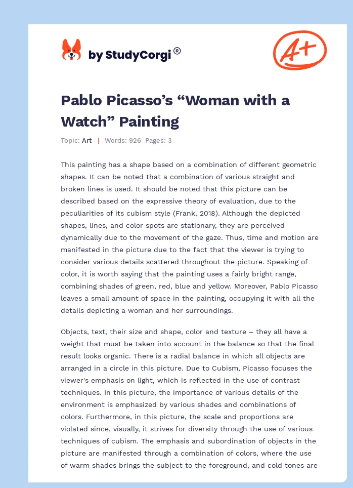 Pablo Picasso’s “Woman with a Watch” Painting. Page 1